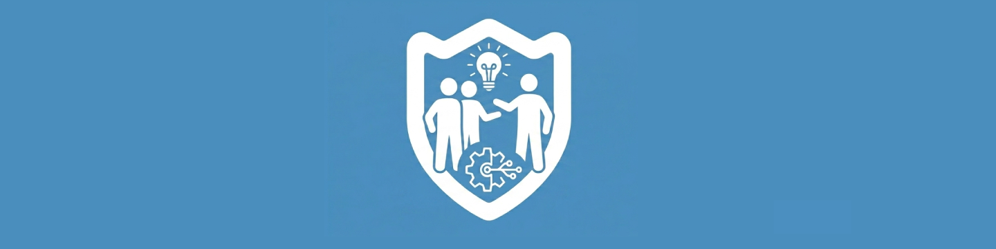 Schmaler horizontaler Banner: Zentrales weißes Icon-Motiv mit Schutzschild, drei gleichgestellten Personen und einer Glühbirne auf flächigem blauem Hintergrund. Symbolisiert die Ideenwerkstatt für Sicherheit.
